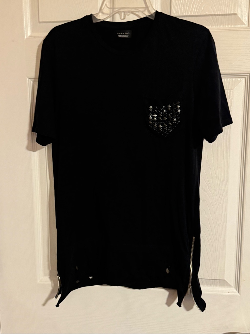 Zara Black Short-Sleeve Crewneck T-Shirt with Studded Pocket